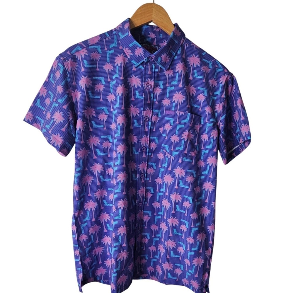 Retro Rifle Shirt Mens Sz M Blue Rising Palm Stretch Button Up Tropical Palm